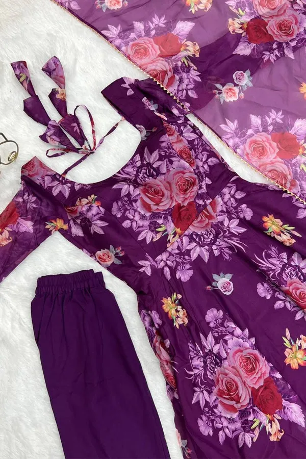New Purple Colour Flower Print Gown Design