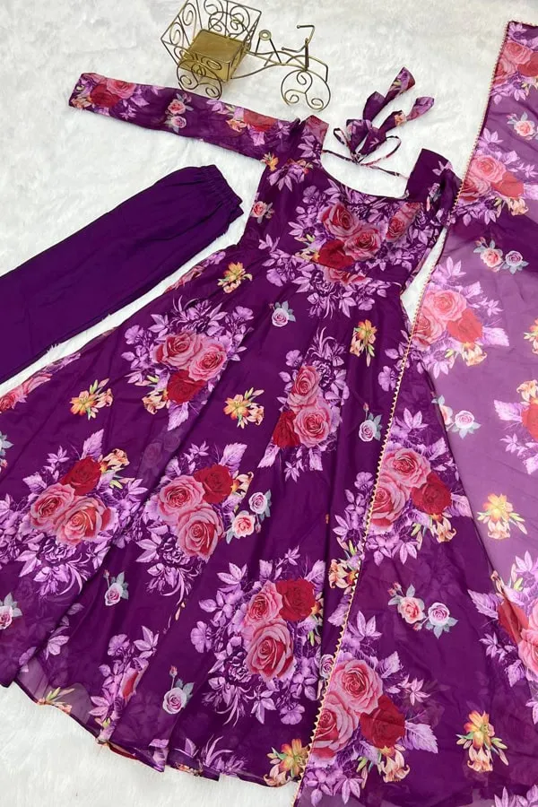 New Purple Colour Flower Print Gown Design