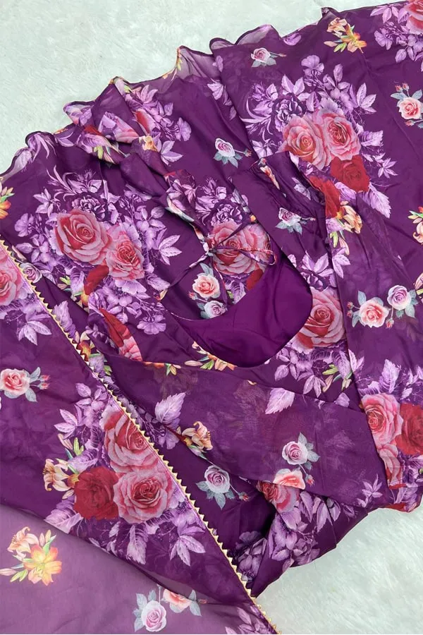 New Purple Colour Flower Print Gown Design