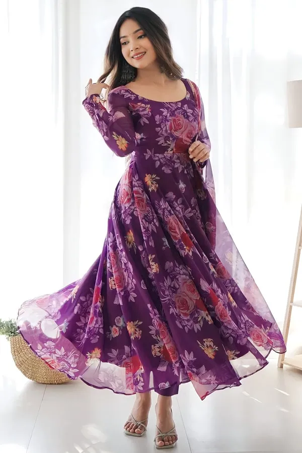 New Purple Colour Flower Print Gown Design