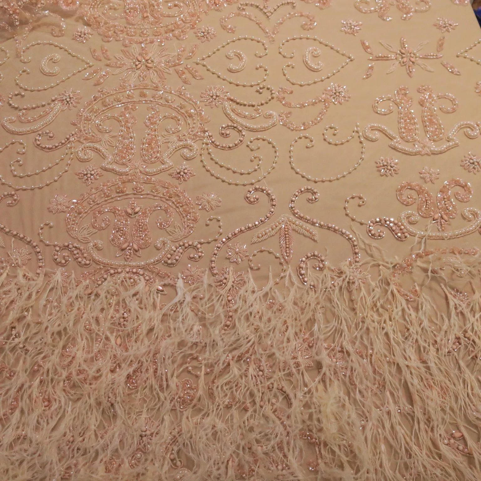 Peach Abstract with Feathers Embroidered Tulle Fabric