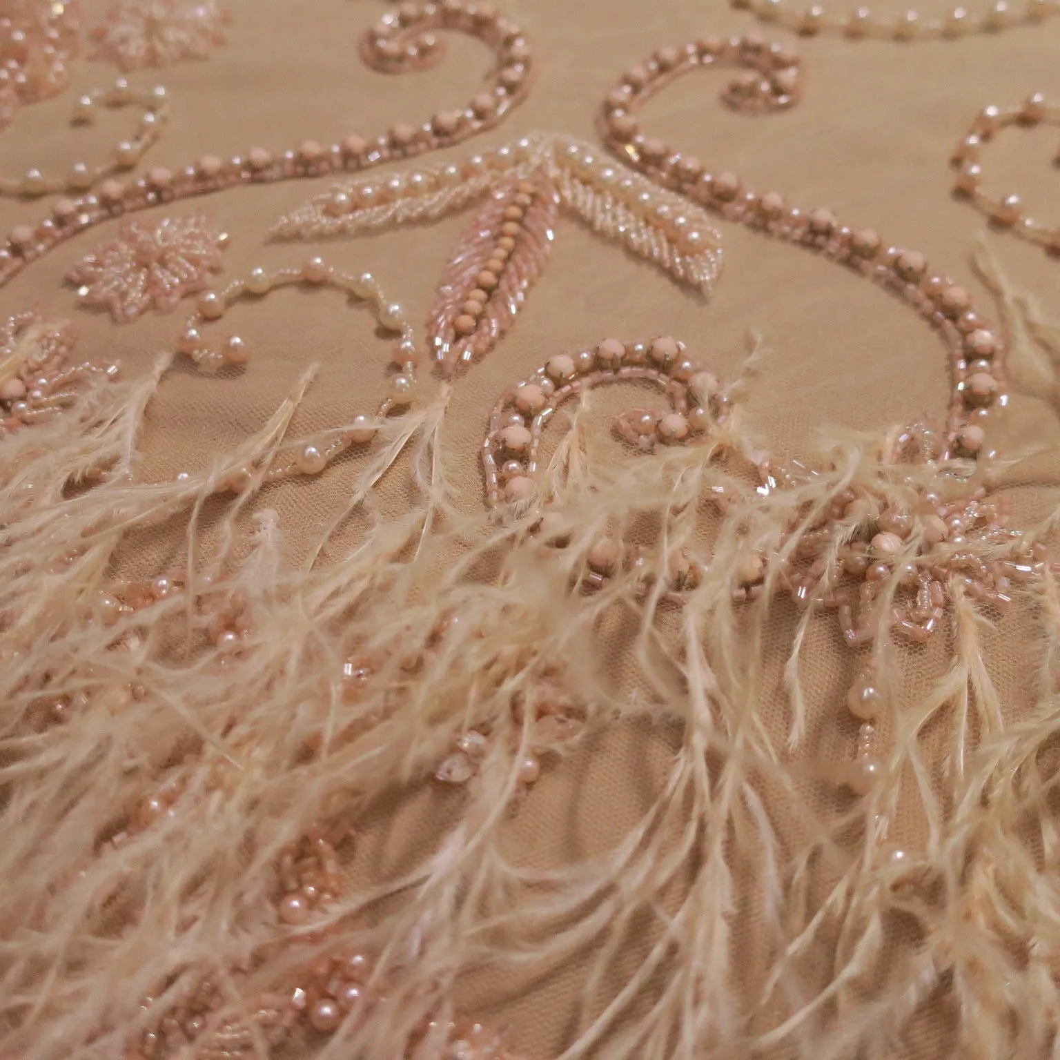 Peach Abstract with Feathers Embroidered Tulle Fabric
