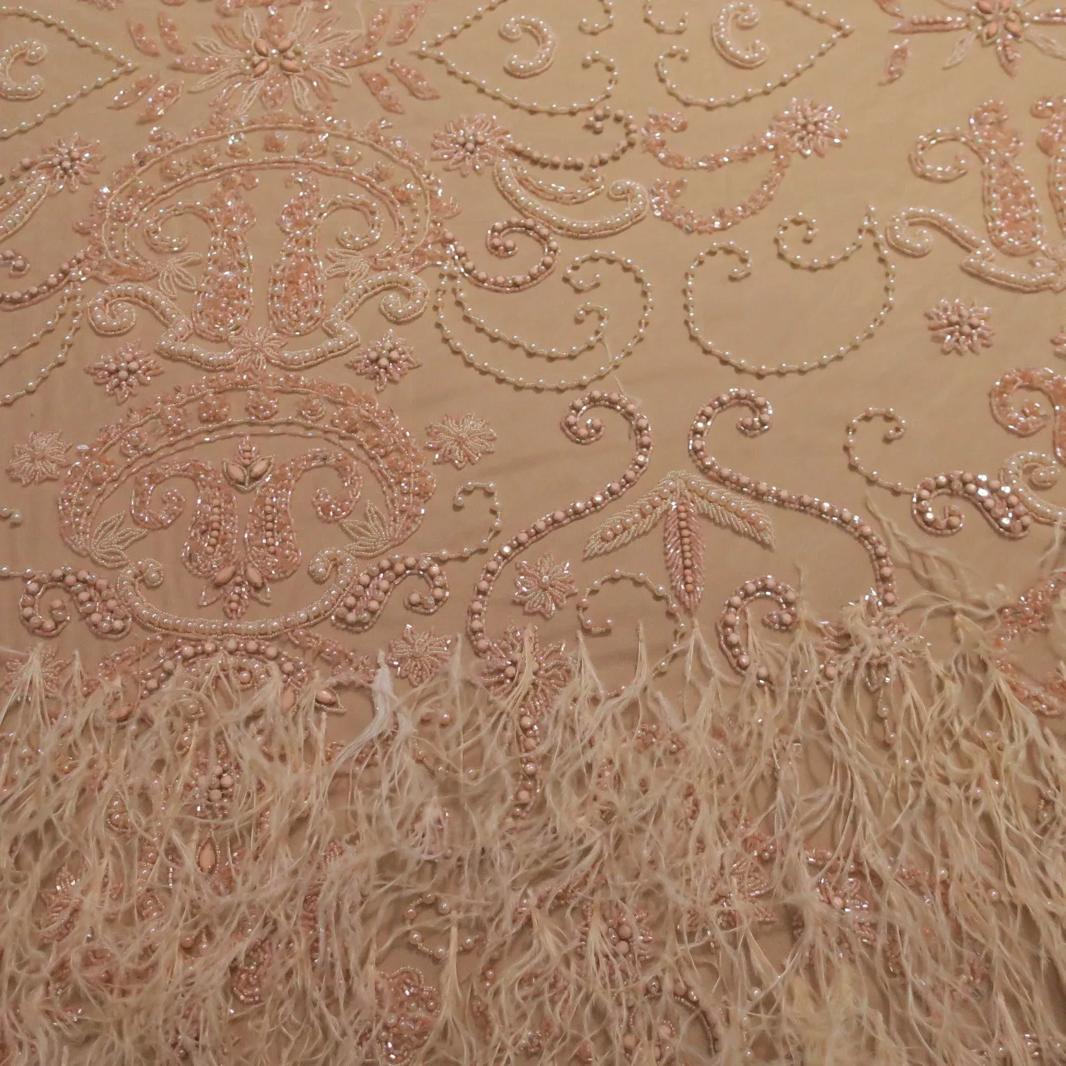 Peach Abstract with Feathers Embroidered Tulle Fabric