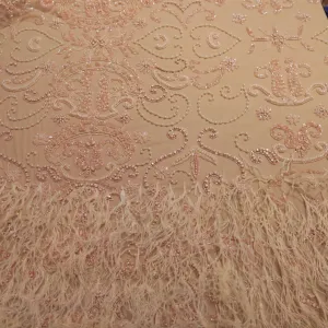 Peach Abstract with Feathers Embroidered Tulle Fabric