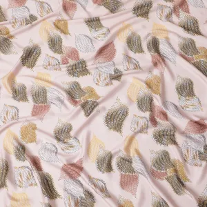 Peach synthetic satin fabric with multicolor print in leaf design-D16839