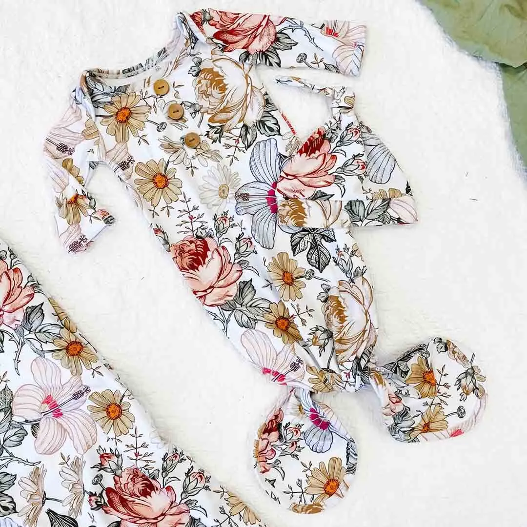 Peyton's Vintage Floral Newborn Baby Knot Gown & Hat