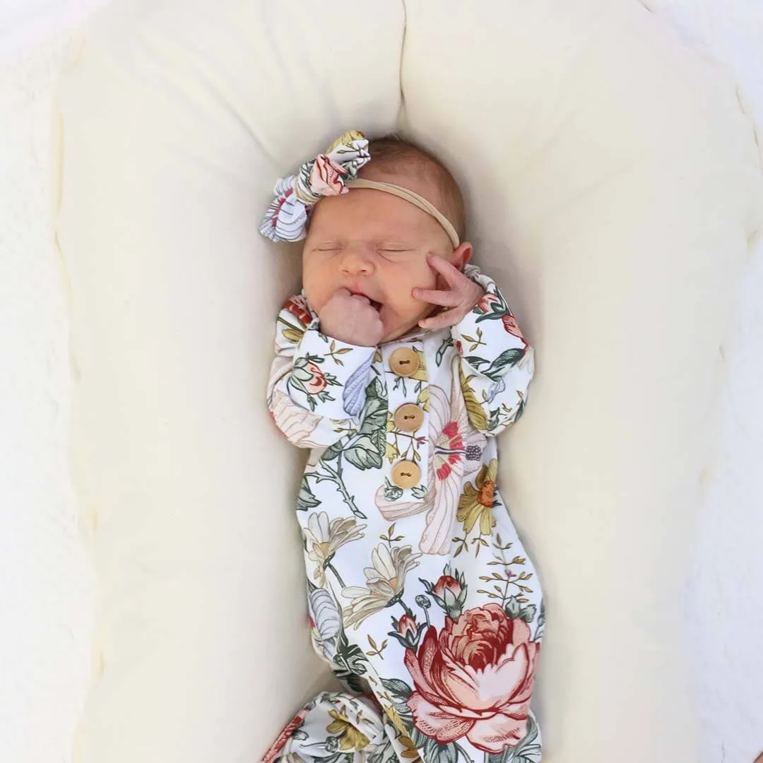 Peyton's Vintage Floral Newborn Baby Knot Gown & Hat