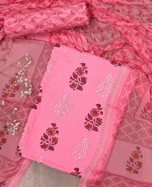 Pink chudidhar material set, floral printed top, geometric & floral printed bottom & dupatta