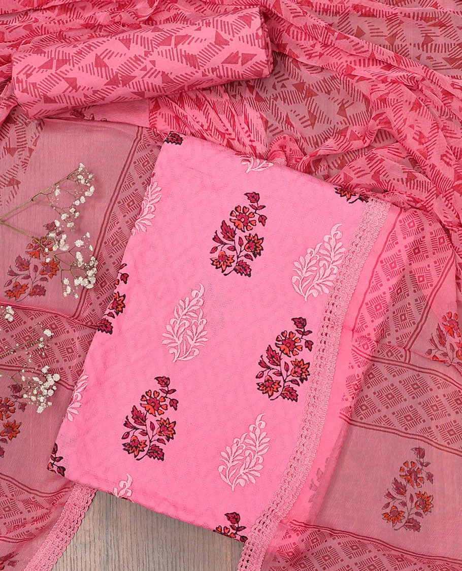 Pink chudidhar material set, floral printed top, geometric & floral printed bottom & dupatta