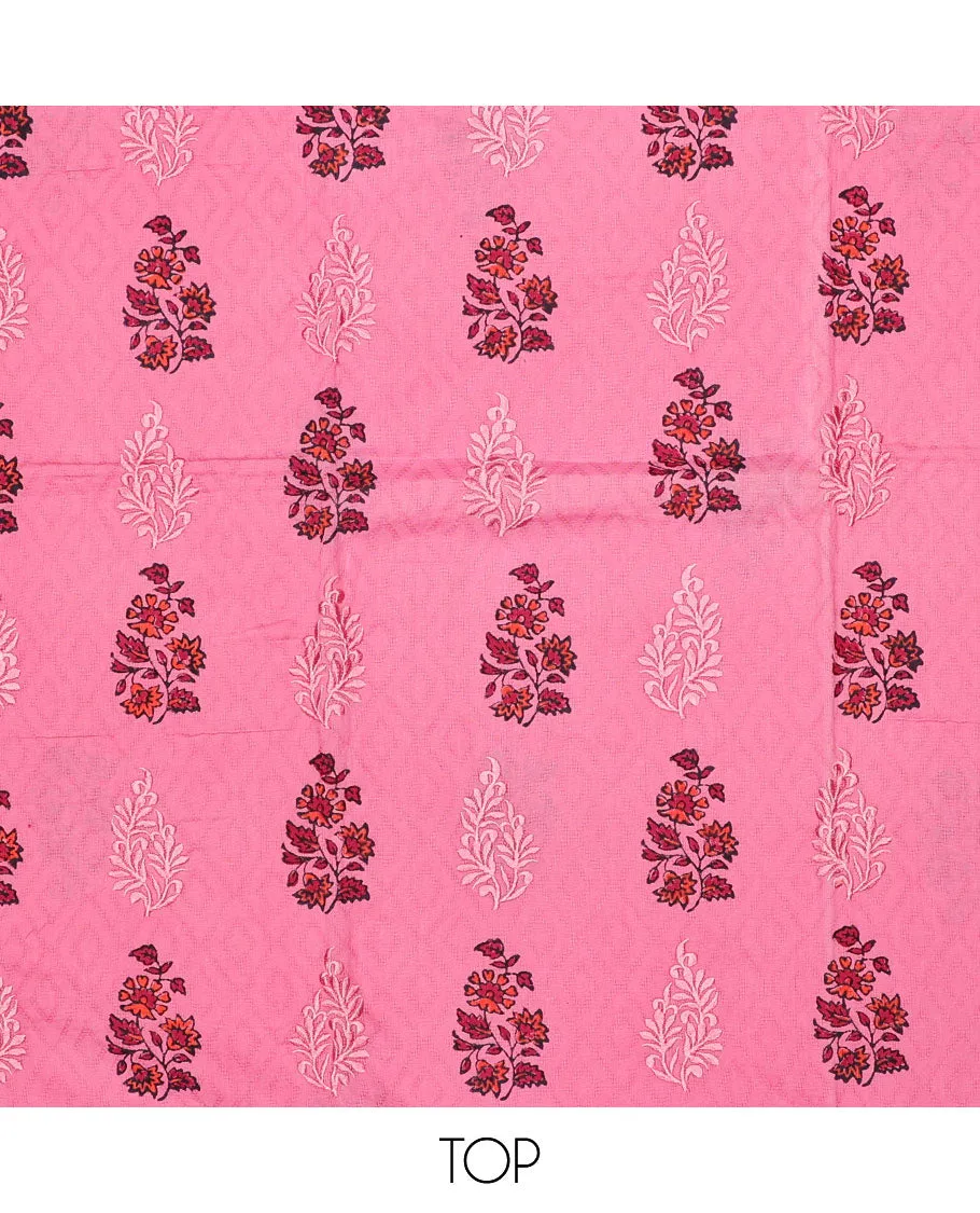 Pink chudidhar material set, floral printed top, geometric & floral printed bottom & dupatta