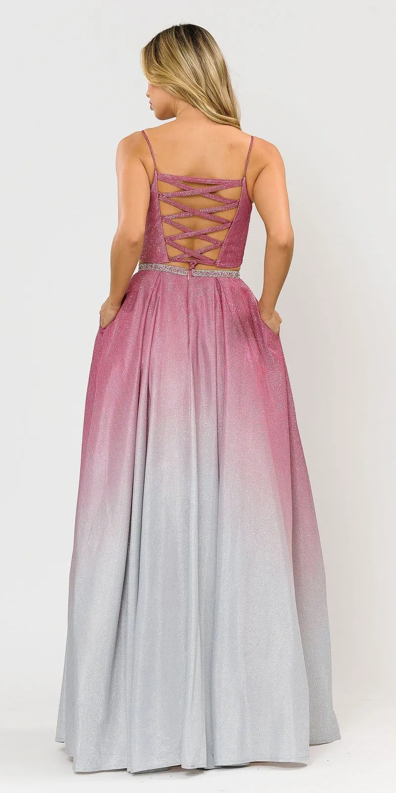 Poly USA 8706 Ombre Glitter Two-Piece Long Prom Dress with Pockets