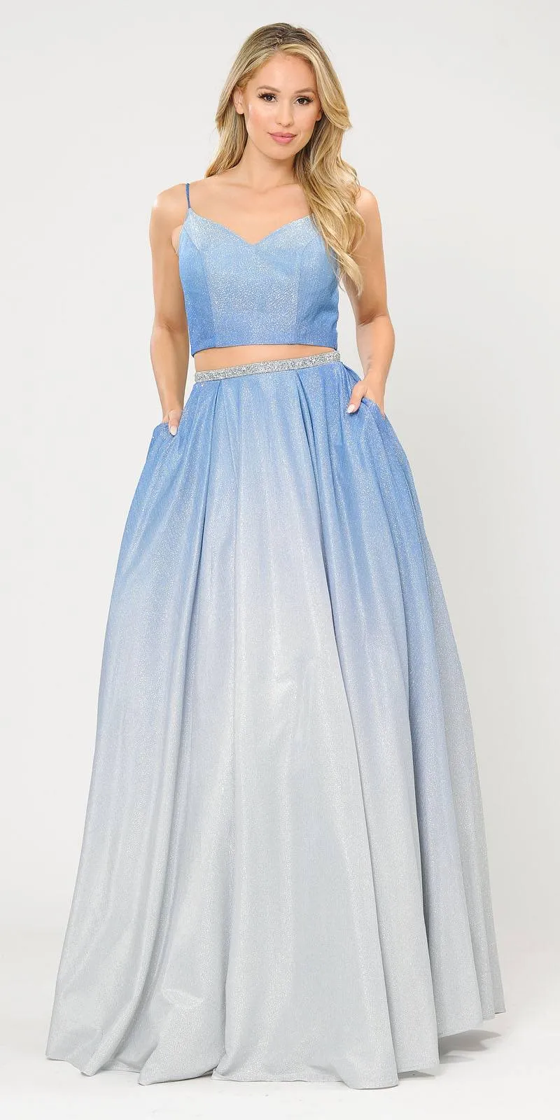 Poly USA 8706 Ombre Glitter Two-Piece Long Prom Dress with Pockets