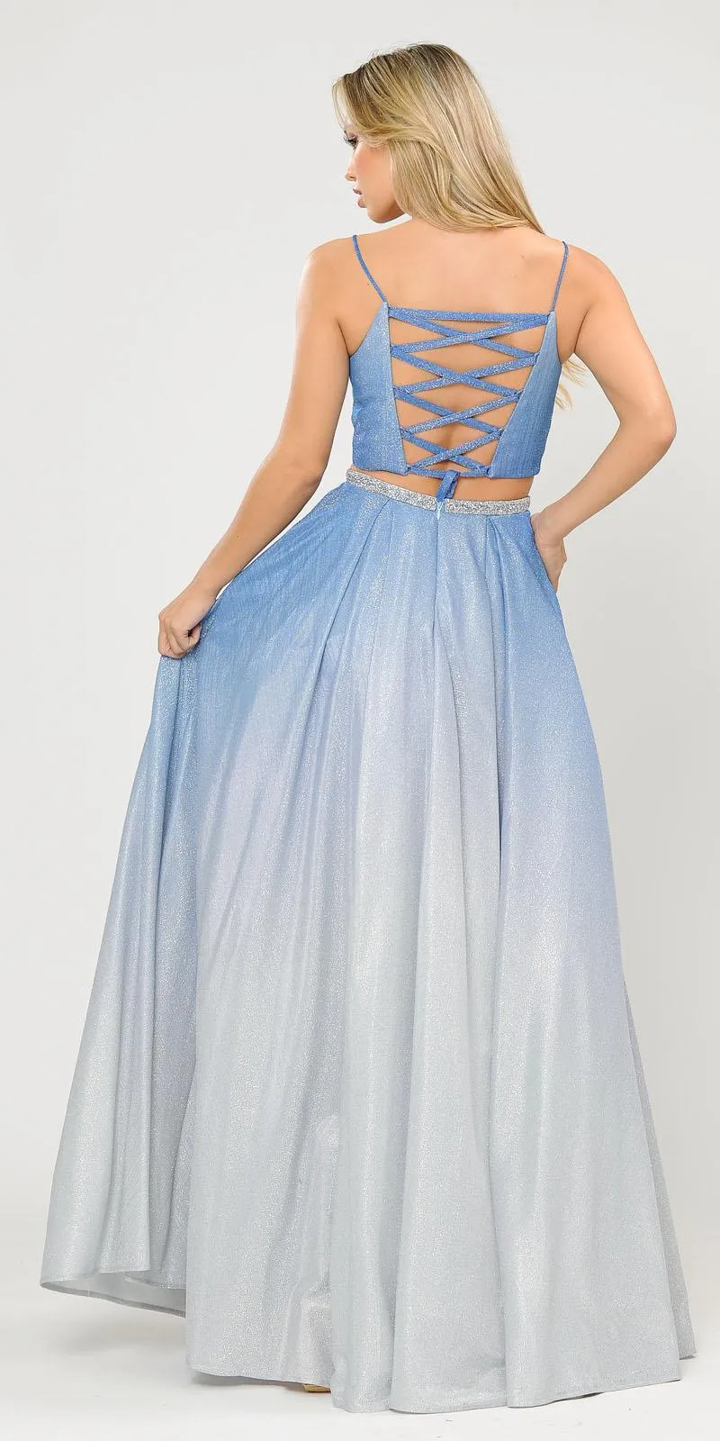 Poly USA 8706 Ombre Glitter Two-Piece Long Prom Dress with Pockets
