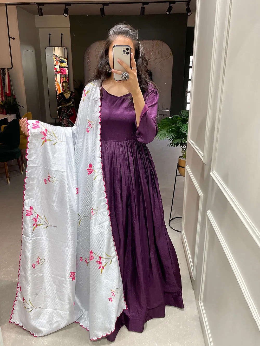 Purple Color Plain Dola Silk Gown