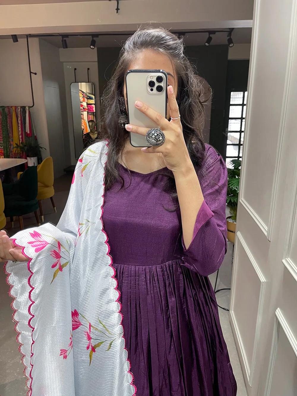 Purple Color Plain Dola Silk Gown