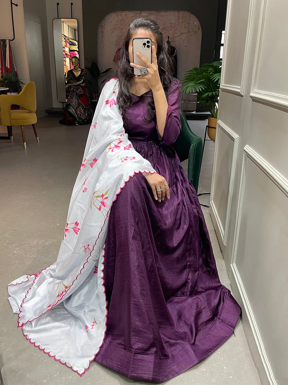 Purple Color Plain Dola Silk Gown