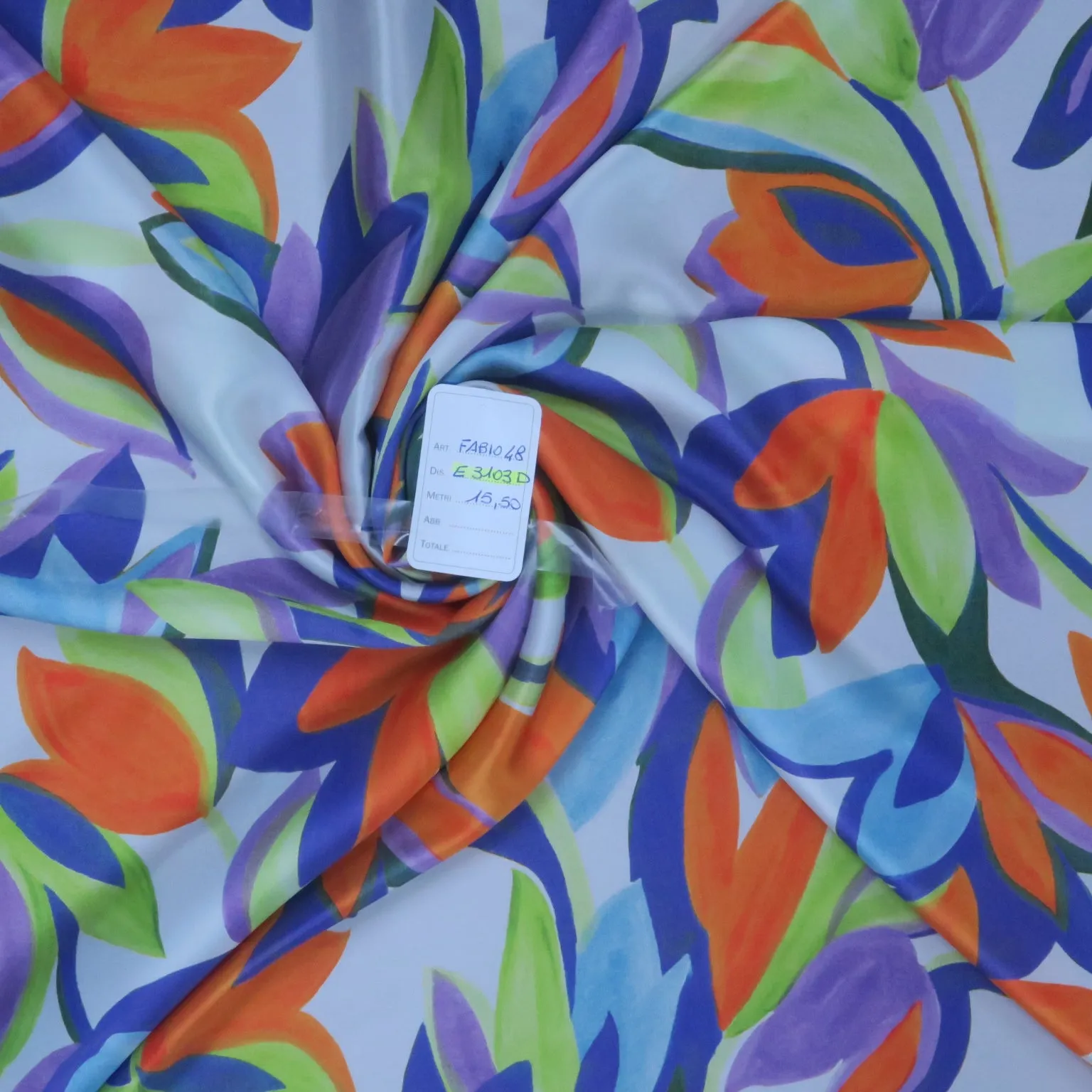 Purple Orange Green Florals on Silver Painted Like Floral Printed Silk Charmeuse Fabric