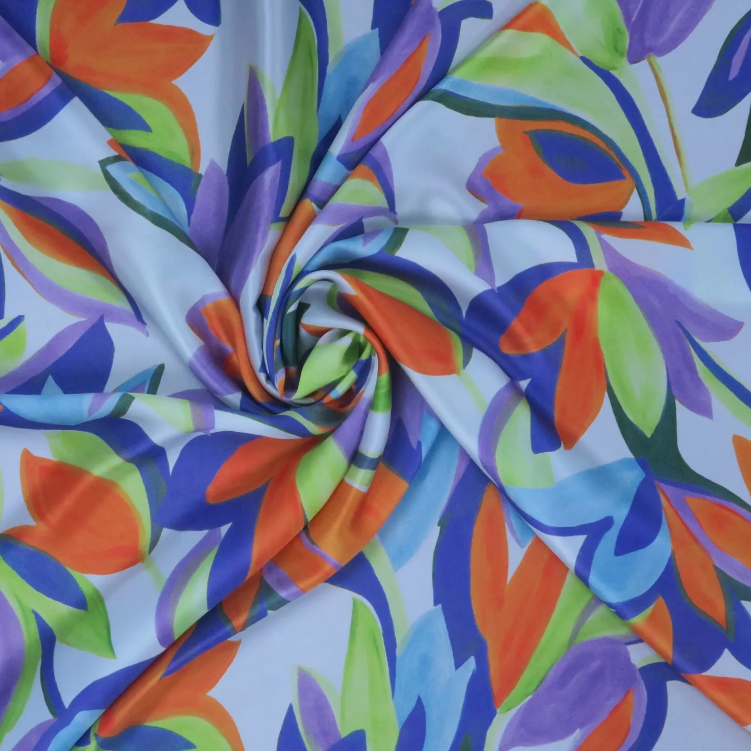 Purple Orange Green Florals on Silver Painted Like Floral Printed Silk Charmeuse Fabric