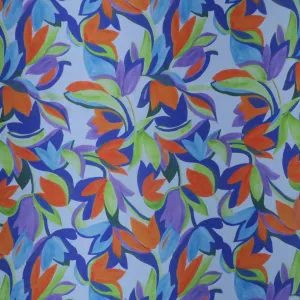 Purple Orange Green Florals on Silver Painted Like Floral Printed Silk Charmeuse Fabric