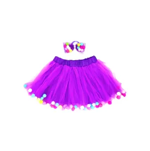 Purple Tutu For Girls | Pom Pom Tutu and Bow Hair Tie | 2Pcs Set | Kids Skirt In Purple