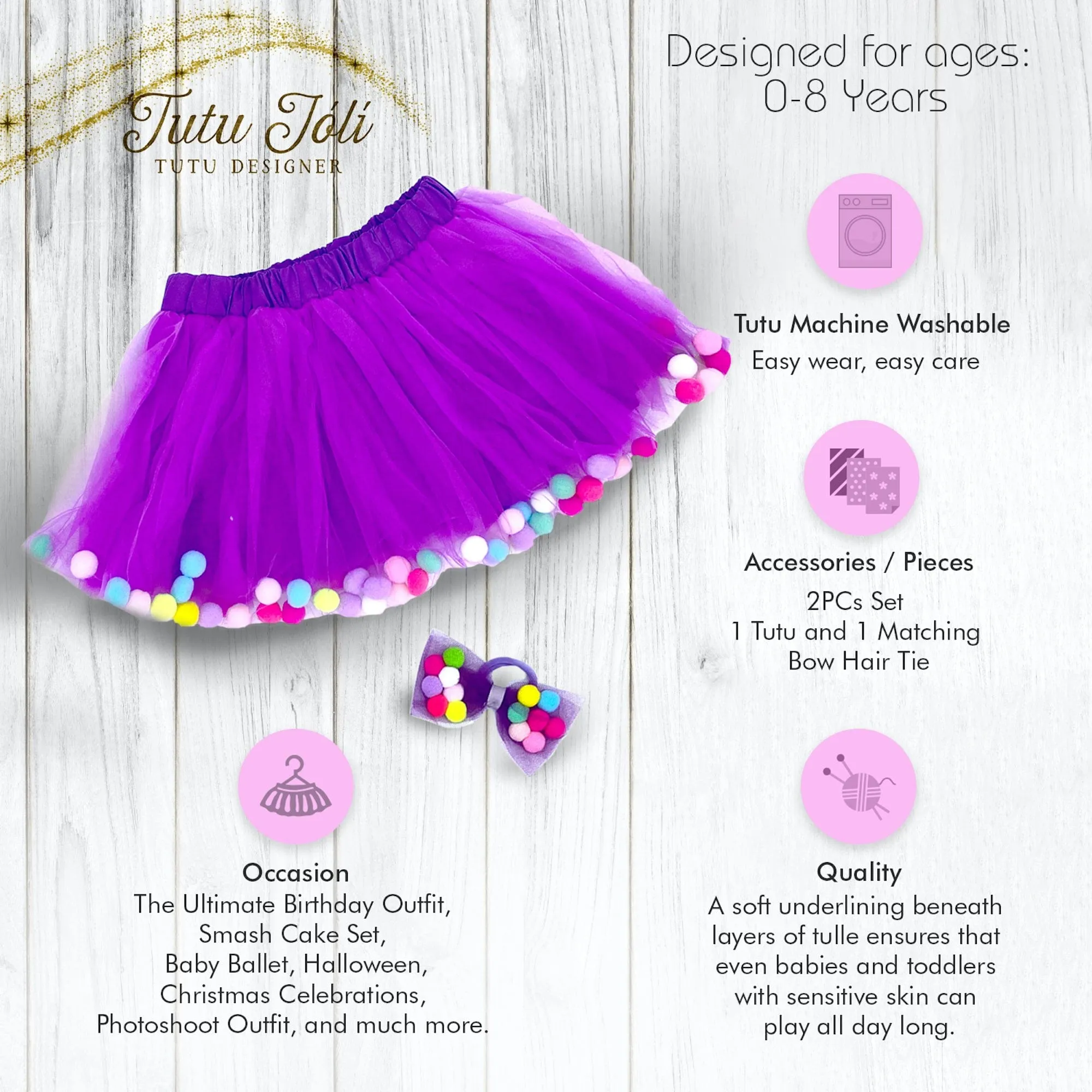 Purple Tutu For Girls | Pom Pom Tutu and Bow Hair Tie | 2Pcs Set | Kids Skirt In Purple