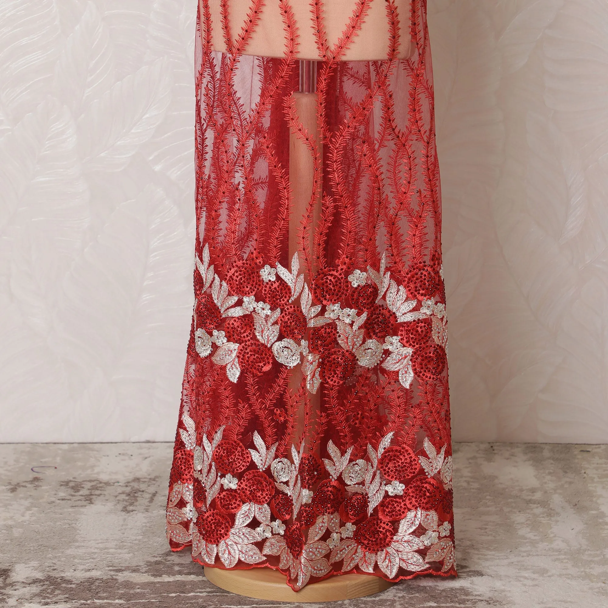 Radiant Red Nylon Tulle Fabric with White Floral and Vine Embroidery - 140cm Wide-D19272