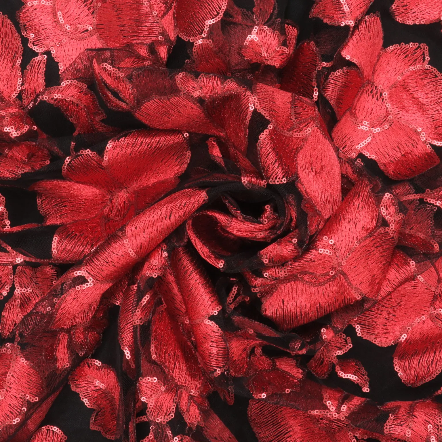 Red Flowers on Black Embroidered Tulle Fabric