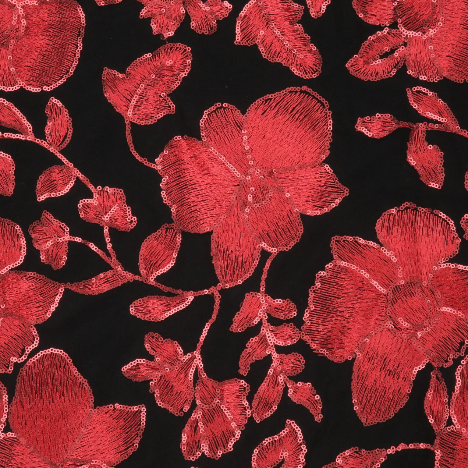 Red Flowers on Black Embroidered Tulle Fabric