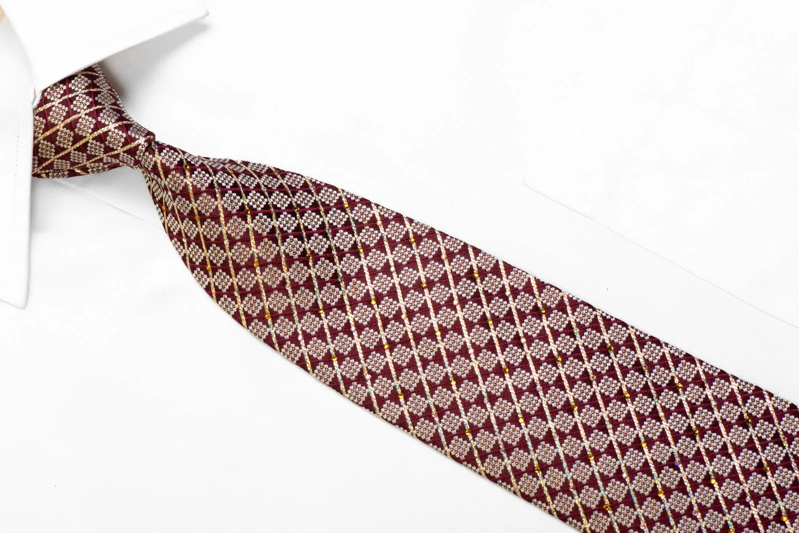 Rhinestone Silk Necktie Burgundy Silver Checkered & Striped With Sparkles