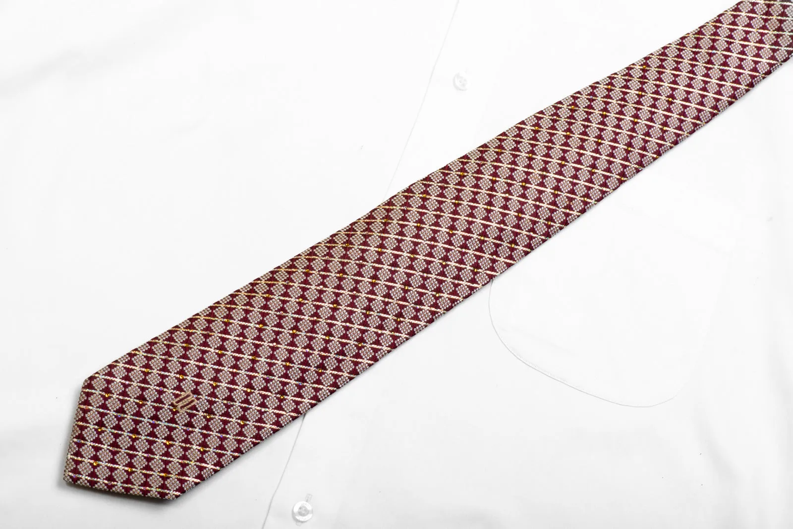 Rhinestone Silk Necktie Burgundy Silver Checkered & Striped With Sparkles