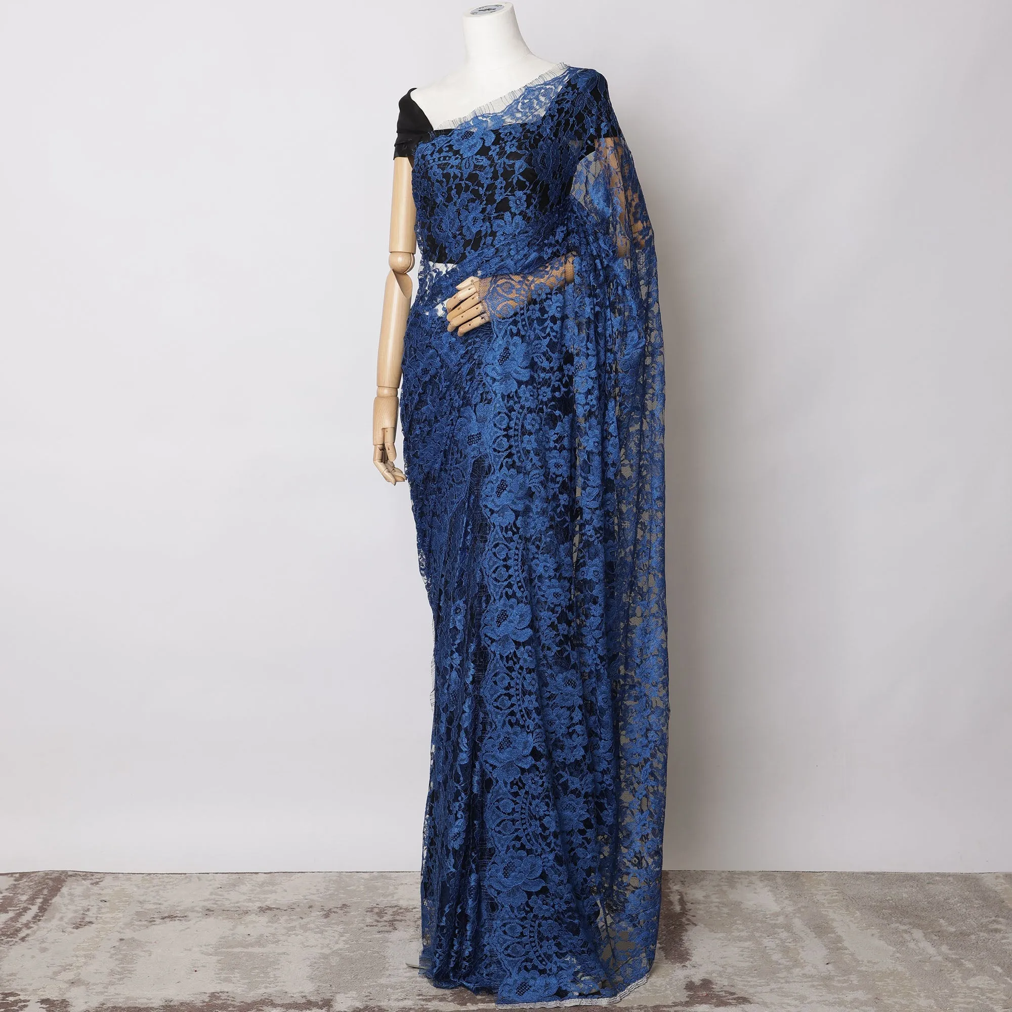Royal Blue, Black Two-Tone French Chantilly Lace Fabric – 5.5 Meters, Floral Design, 110 cm Width-D21092
