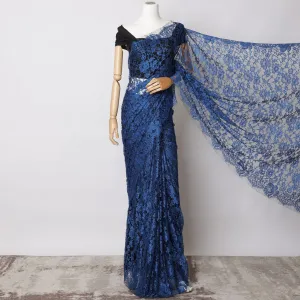 Royal Blue, Black Two-Tone French Chantilly Lace Fabric – 5.5 Meters, Floral Design, 110 cm Width-D21092