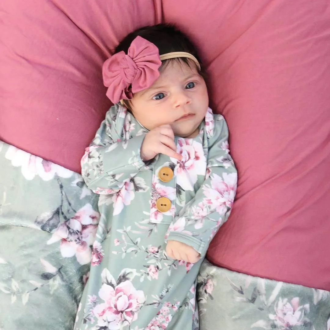 Saylor's Sage & Blush Floral Newborn Baby Knot Gown & Hat Set