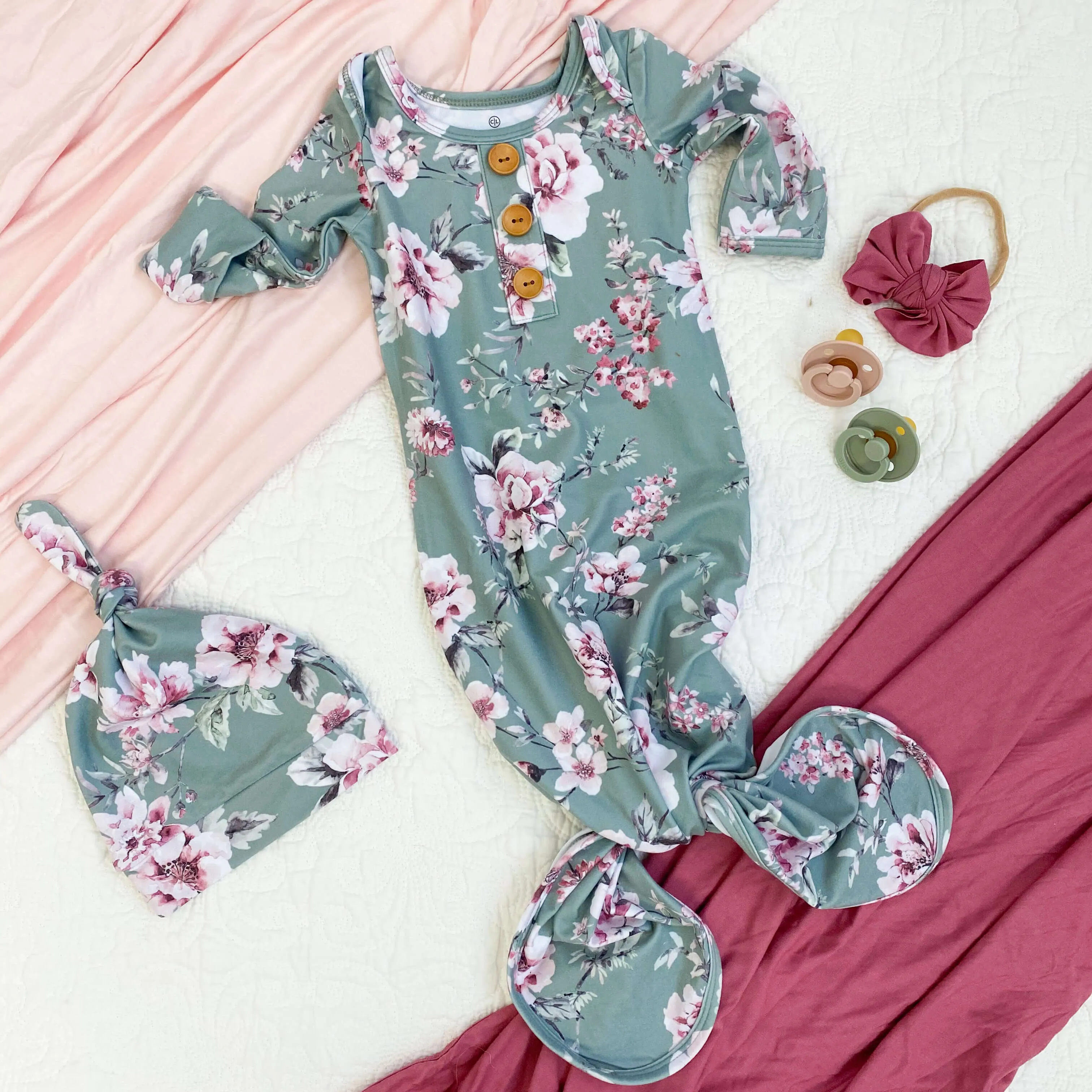 Saylor's Sage & Blush Floral Newborn Baby Knot Gown & Hat Set
