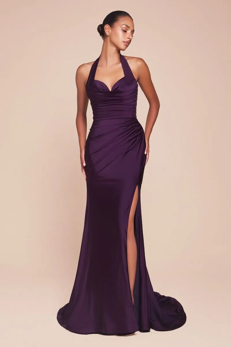 Stetch Satin Halter Fitted Dress