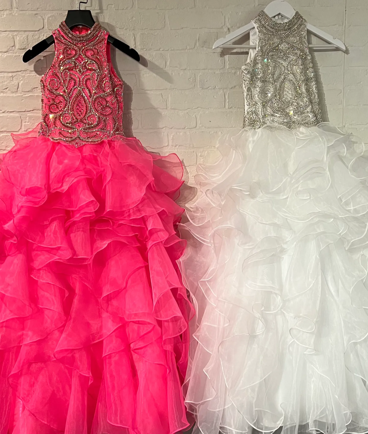 Sugar Kayne C326 Girls Preteens Pageant Dress Ruffled Long Skirt High Neckline Crystal Bodice Sleeveless