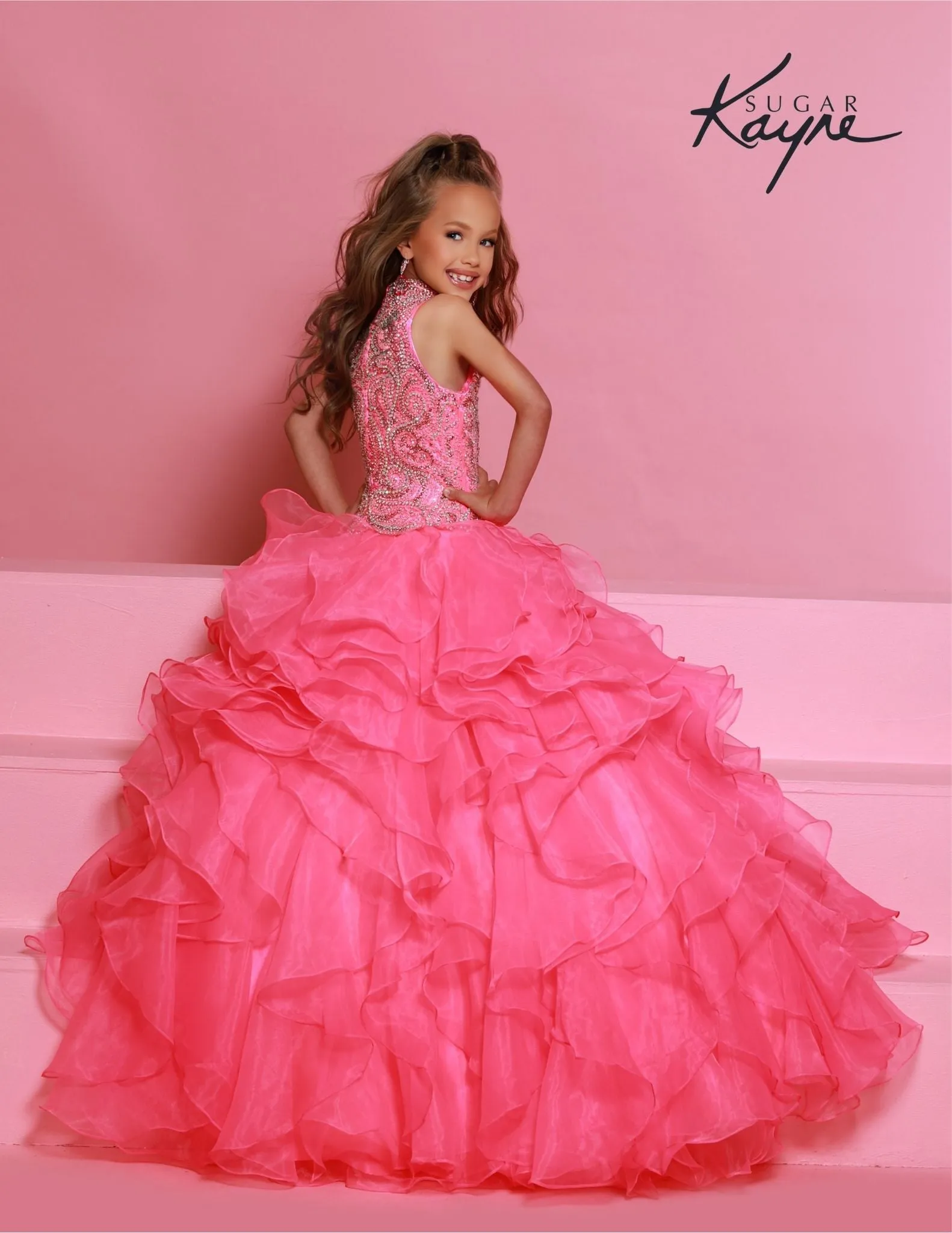 Sugar Kayne C326 Girls Preteens Pageant Dress Ruffled Long Skirt High Neckline Crystal Bodice Sleeveless