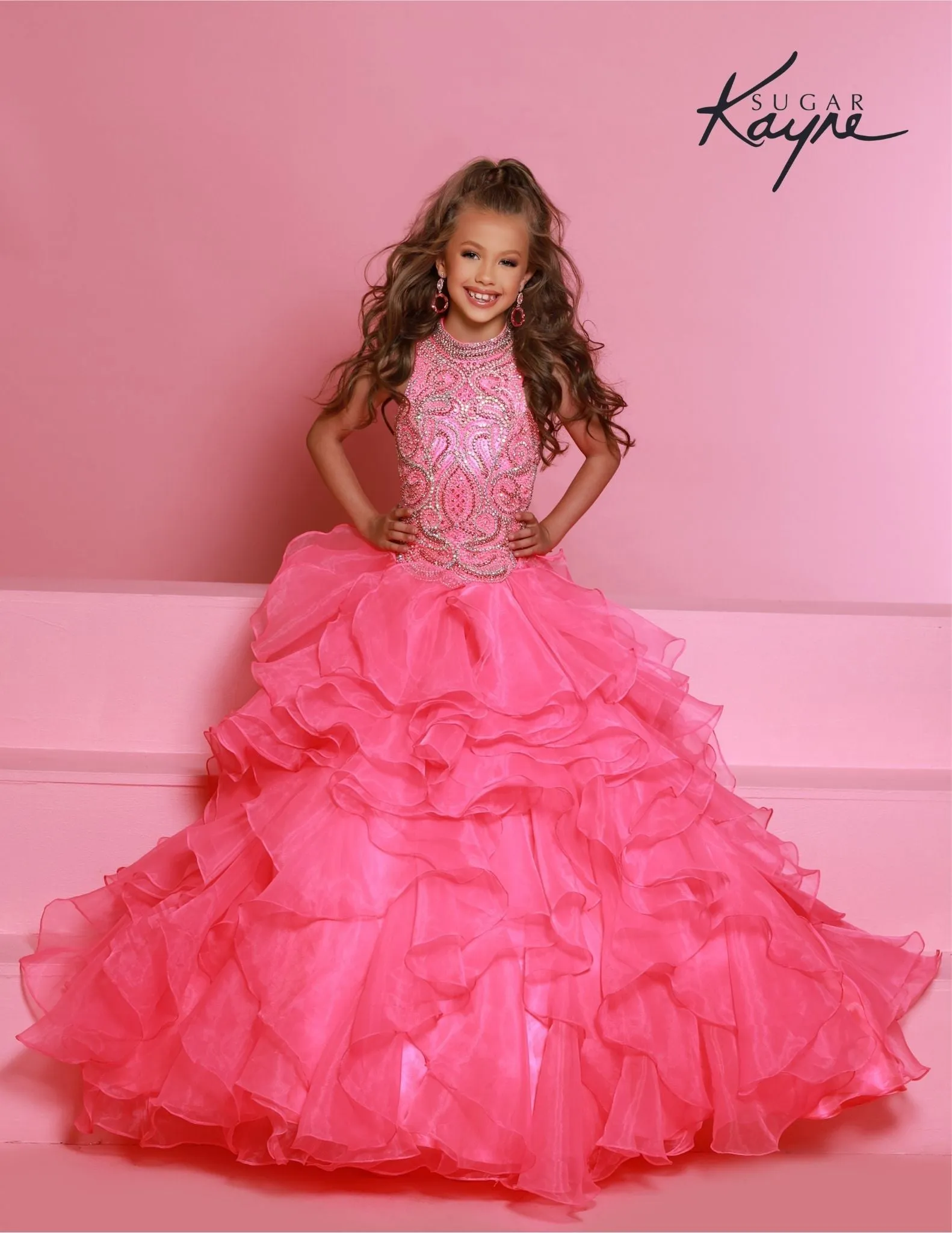 Sugar Kayne C326 Girls Preteens Pageant Dress Ruffled Long Skirt High Neckline Crystal Bodice Sleeveless