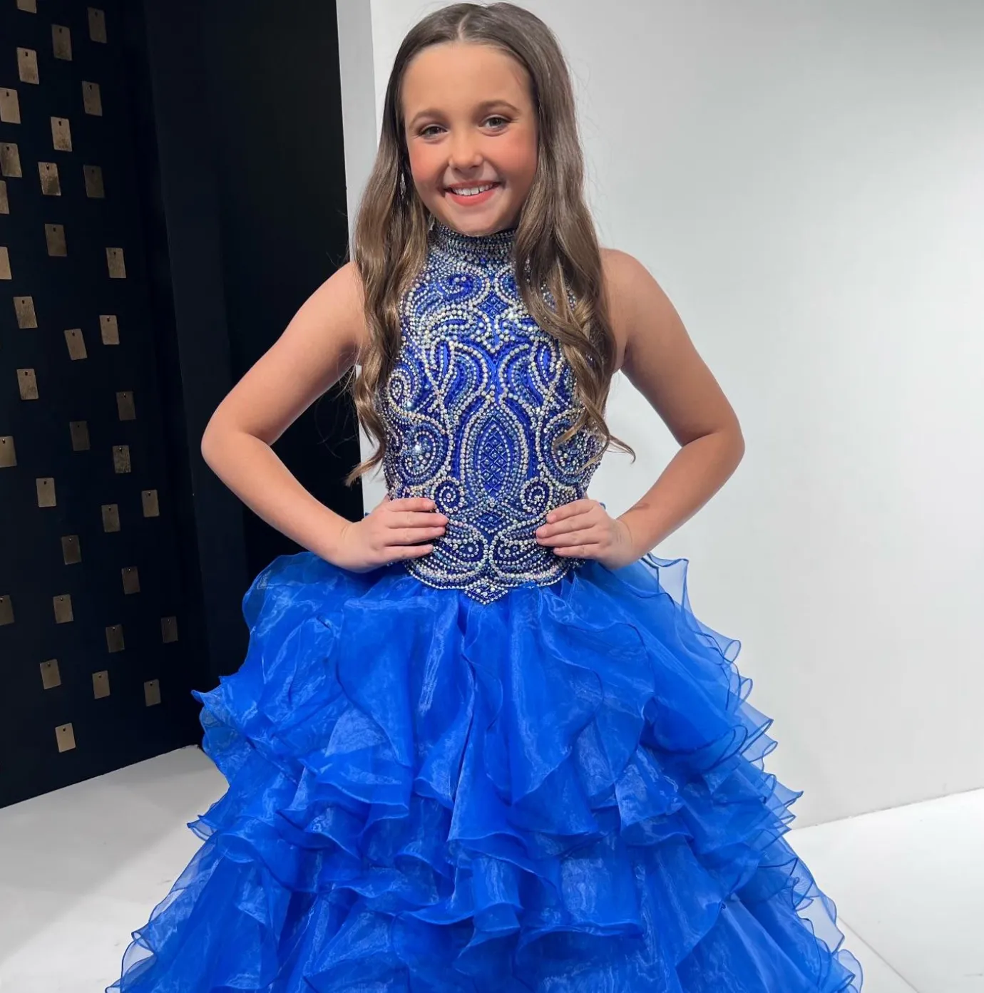 Sugar Kayne C326 Girls Preteens Pageant Dress Ruffled Long Skirt High Neckline Crystal Bodice Sleeveless
