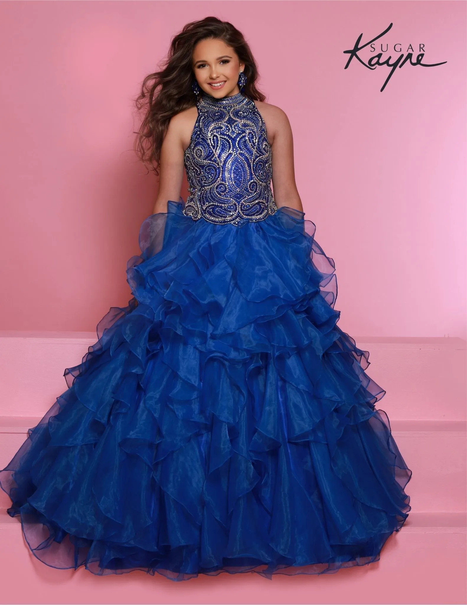 Sugar Kayne C326 Girls Preteens Pageant Dress Ruffled Long Skirt High Neckline Crystal Bodice Sleeveless