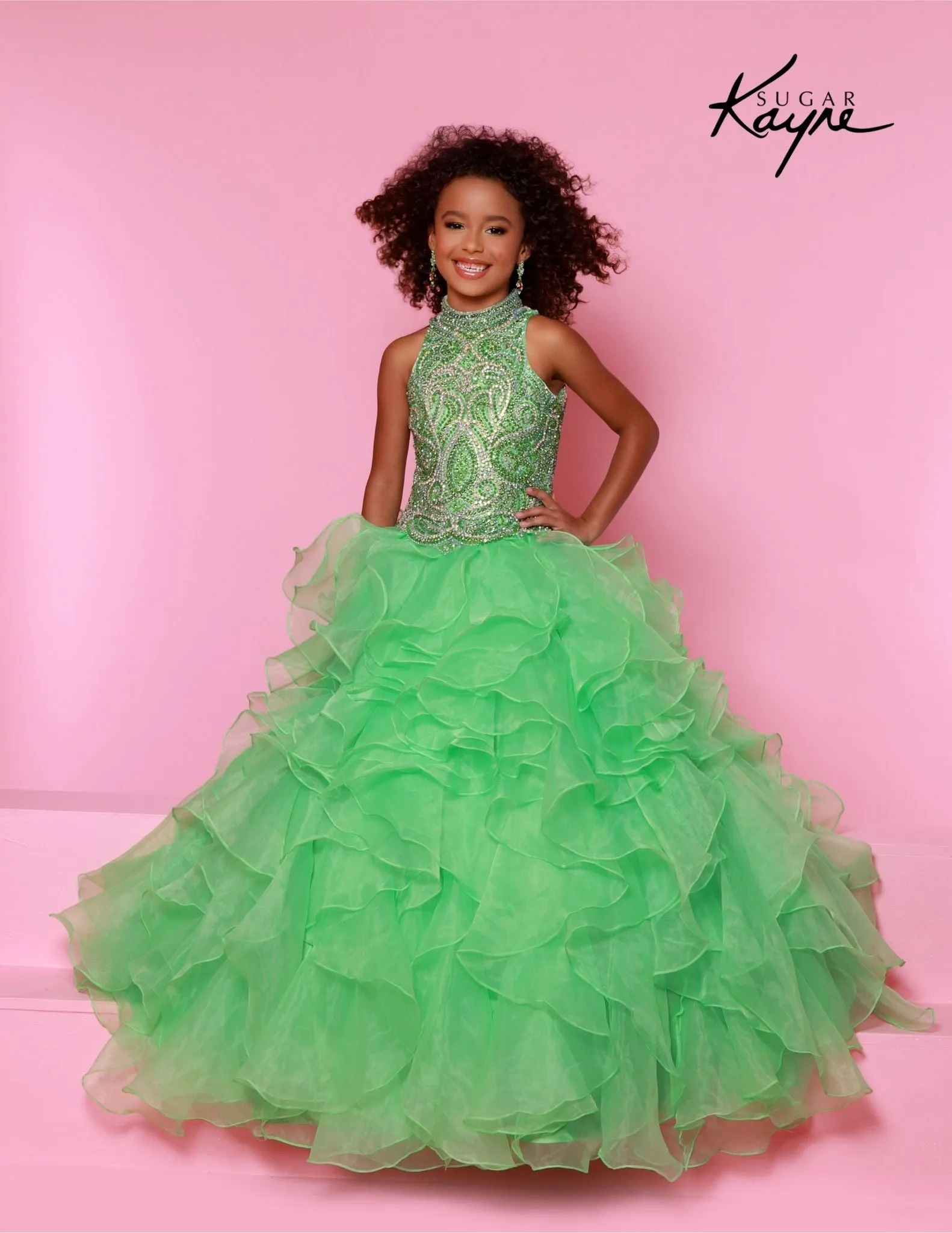Sugar Kayne C326 Girls Preteens Pageant Dress Ruffled Long Skirt High Neckline Crystal Bodice Sleeveless