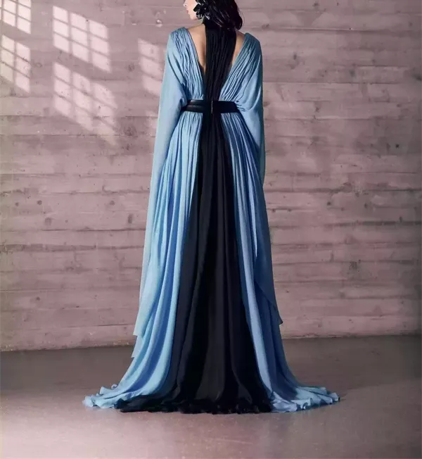 Turquoise Blue And Black Mousseline Caftan Dress