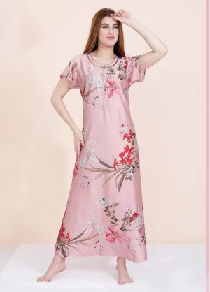 Velure Peach Floral Print Satin Nighty