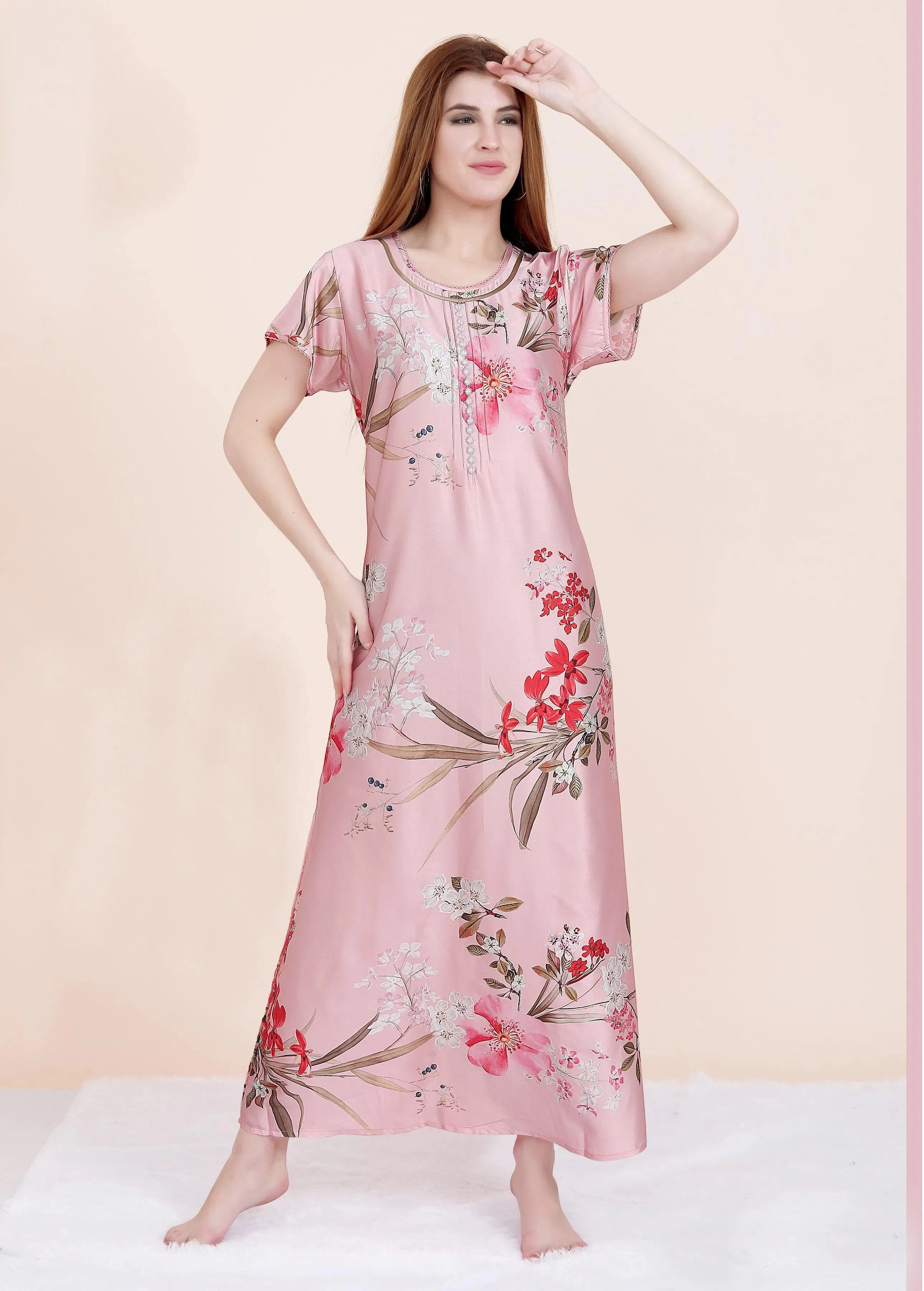 Velure Peach Floral Print Satin Nighty