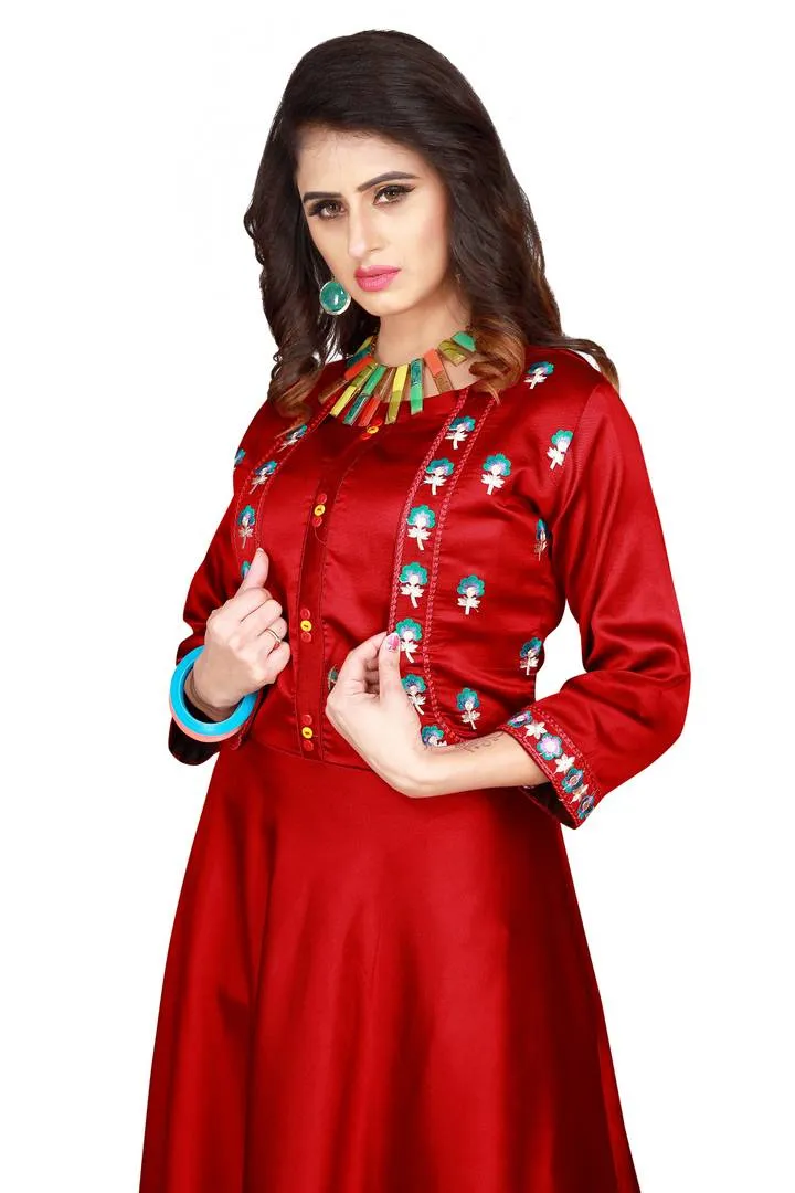 Versatile Red Satin Embroidered Stitched Gown
