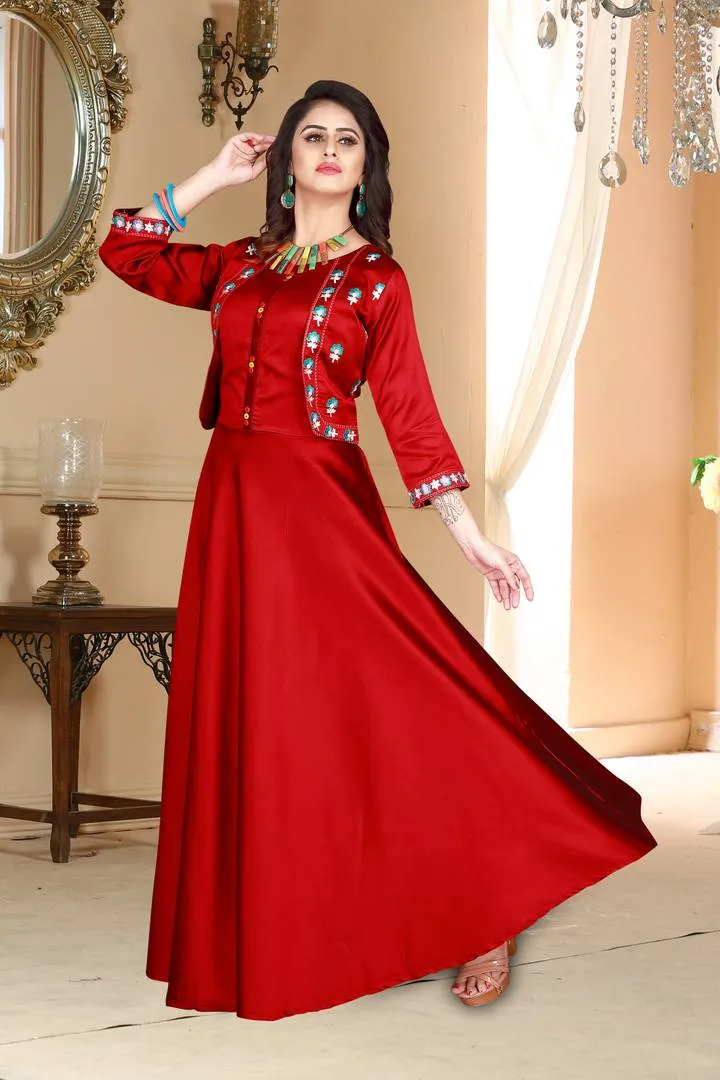 Versatile Red Satin Embroidered Stitched Gown