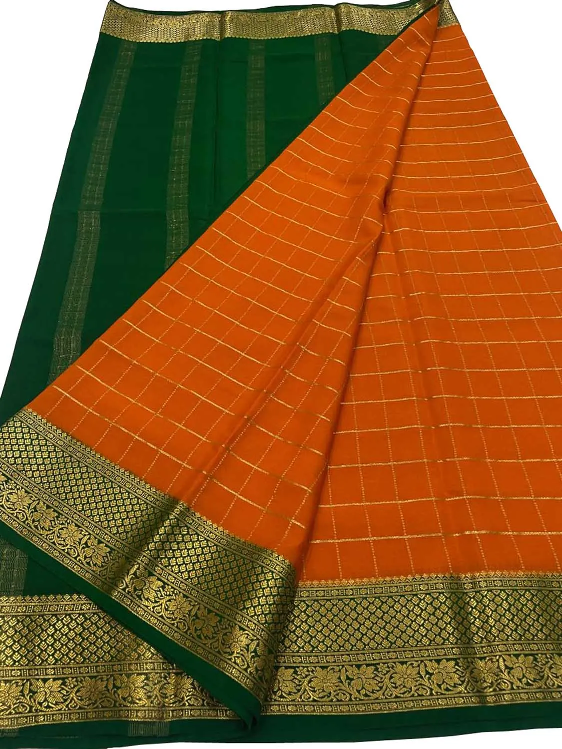 Vibrant Orange & Green Mysore Silk Saree