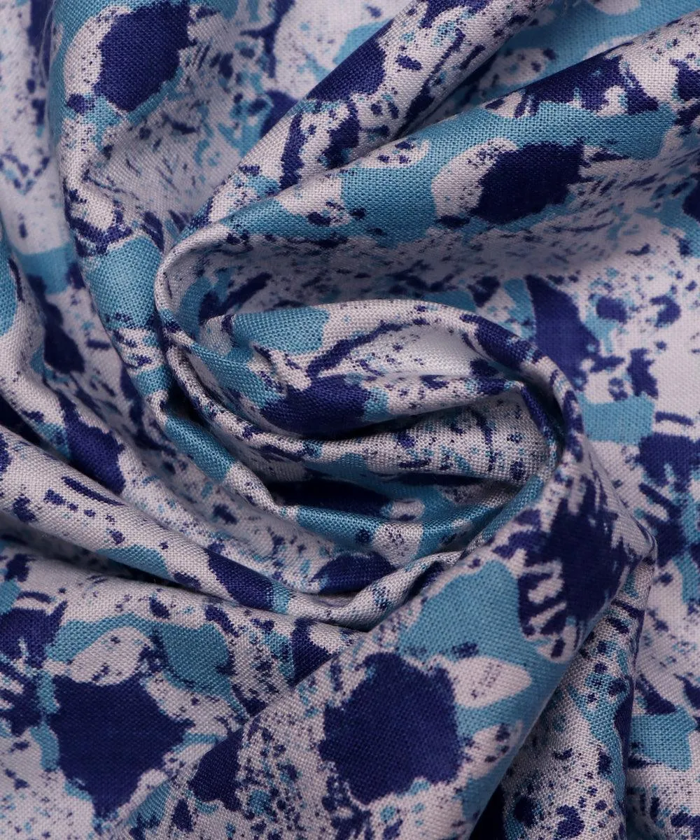 White and Blue Paint Brush Print Rayon Fabric