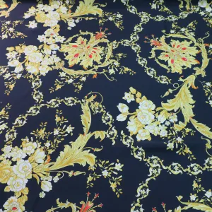 White Camelia on Black Ground Printed Silk Charmeuse Fabric