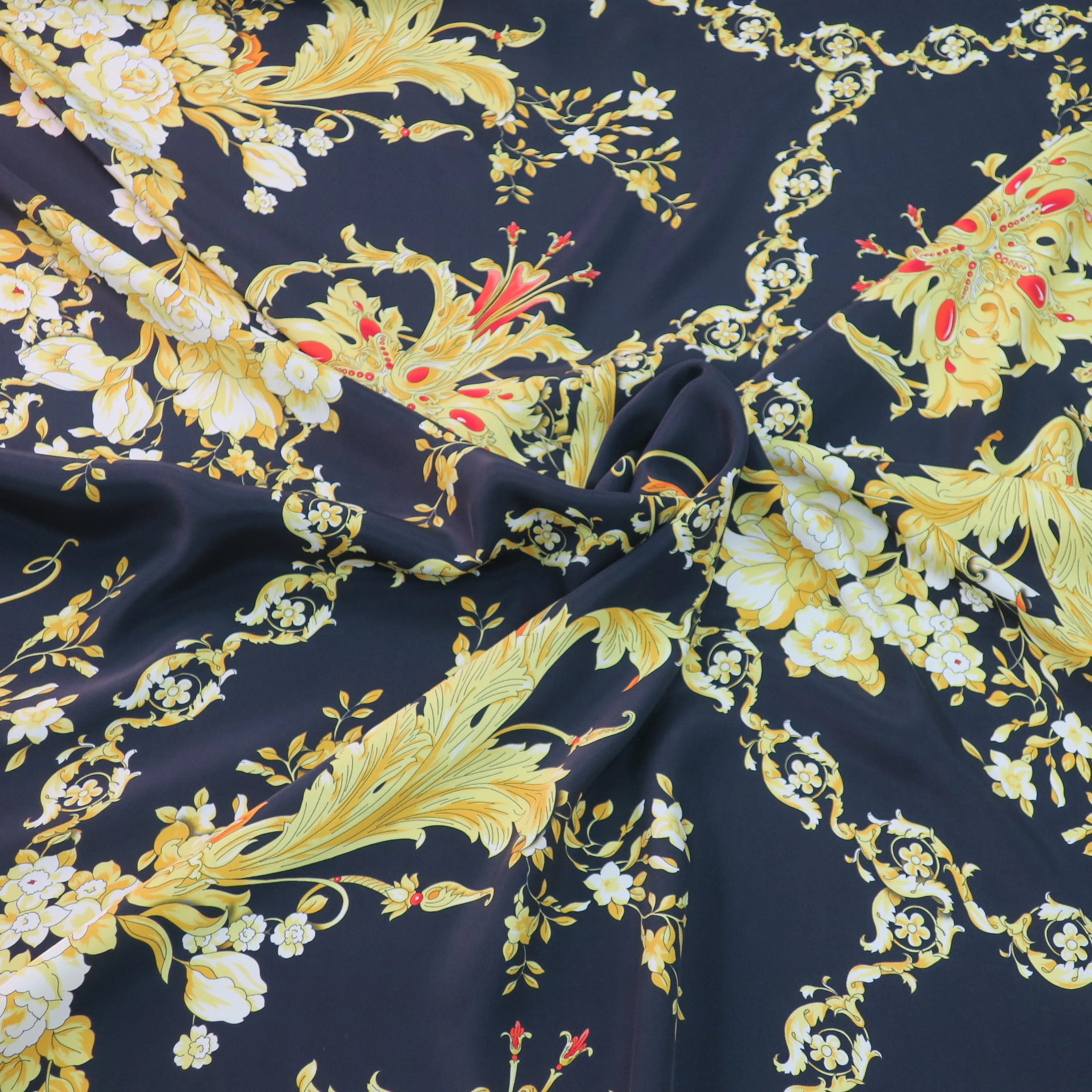 White Camelia on Black Ground Printed Silk Charmeuse Fabric